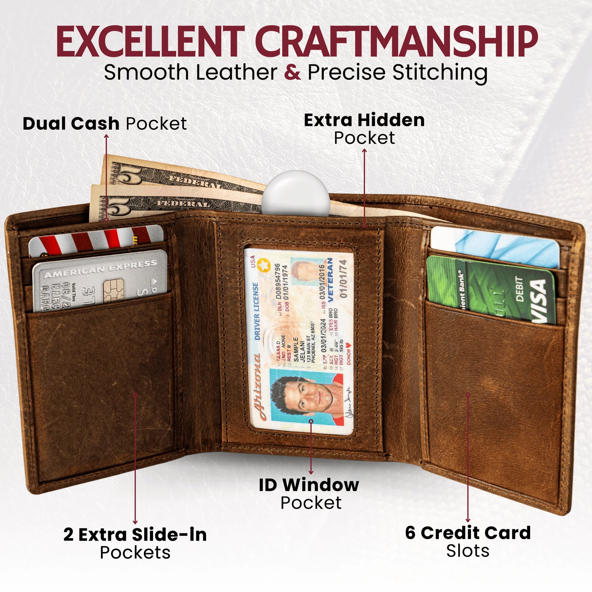 Genuine Leather Trifold Wallet for Men RFID and ID Window