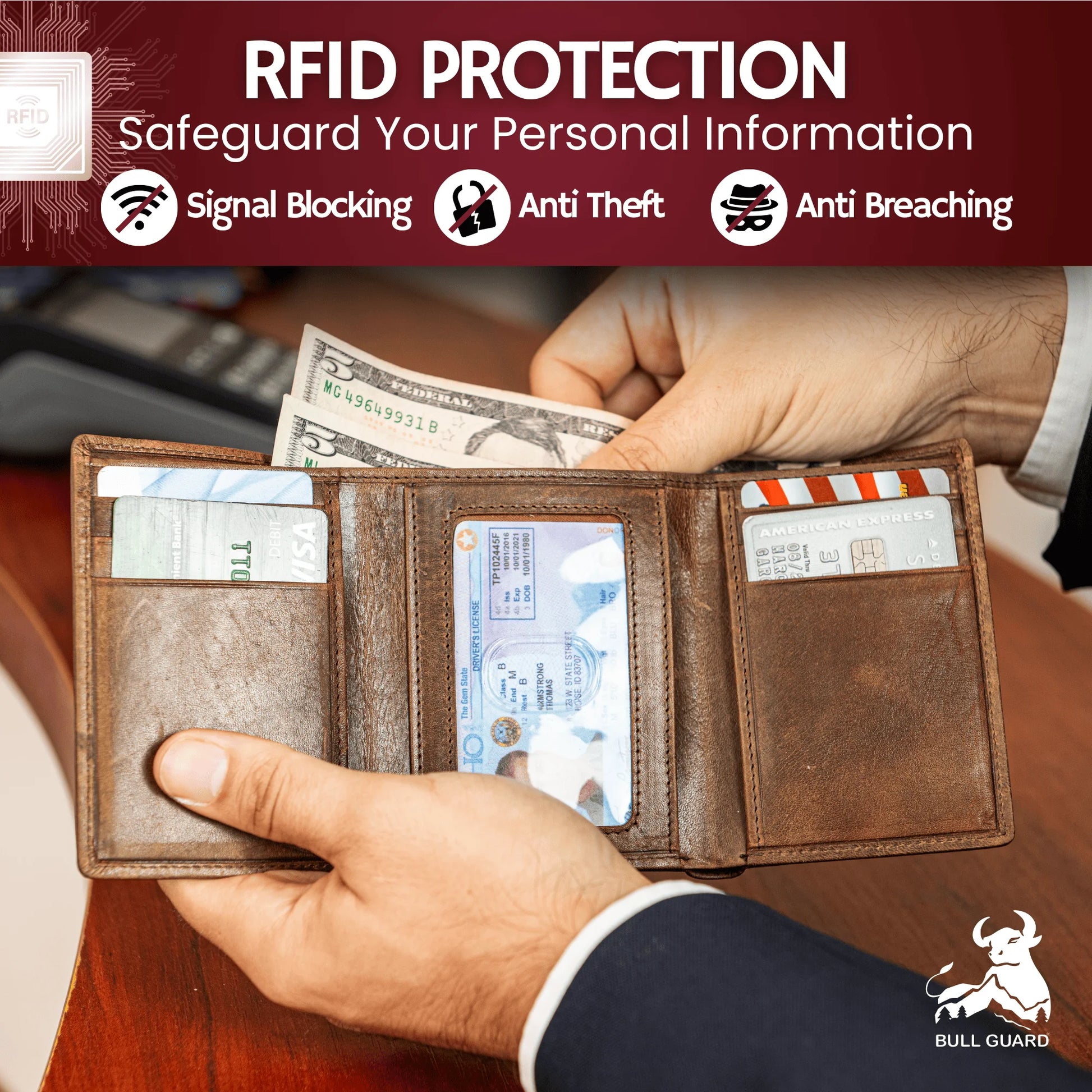 Genuine Leather Trifold Wallet for Men RFID and ID Window