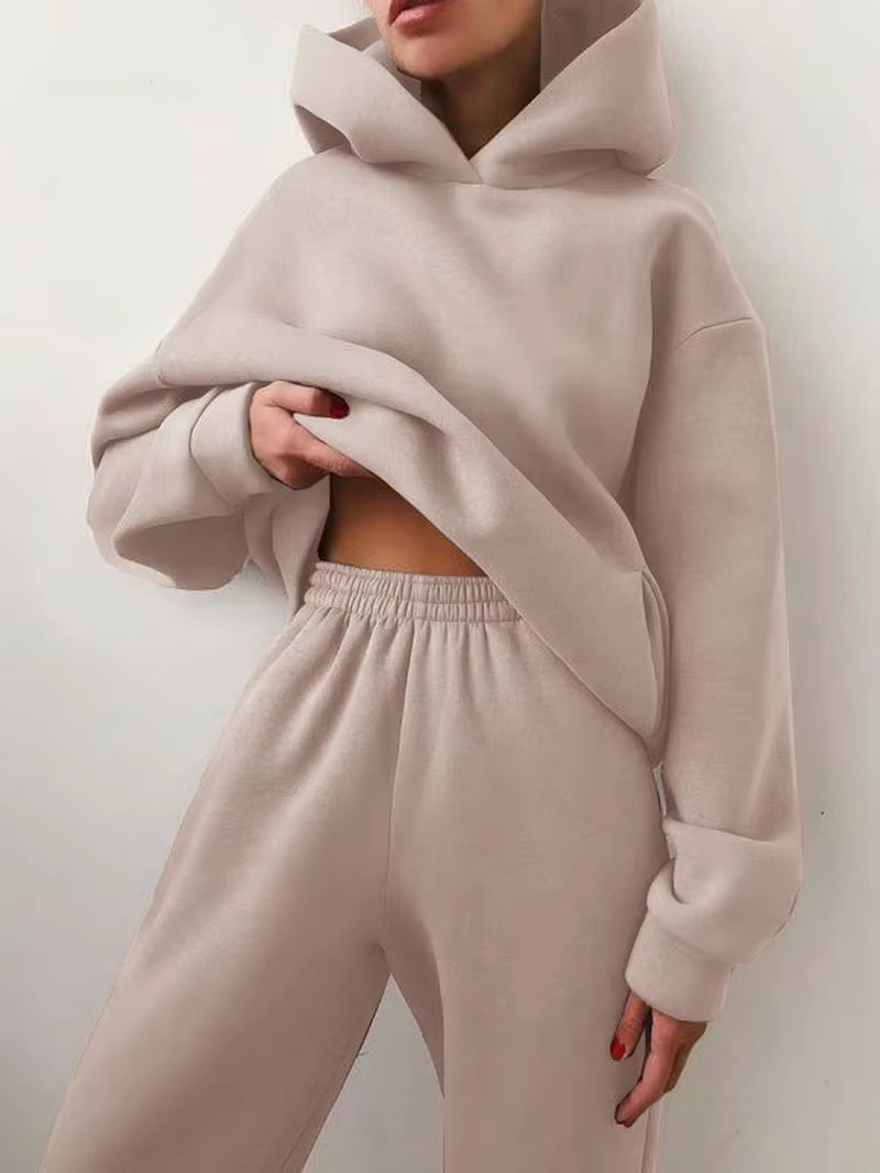 Women'S Tracksuit Casual Solid Long Sleeve Hooded Sport Suits Autumn Warm Hoodie Sweatshirts and Long Pant Fleece Two Piece Sets