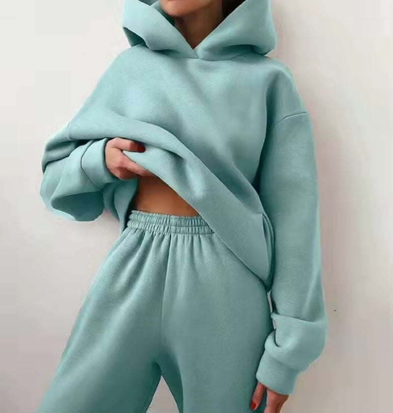Women'S Tracksuit Casual Solid Long Sleeve Hooded Sport Suits Autumn Warm Hoodie Sweatshirts and Long Pant Fleece Two Piece Sets