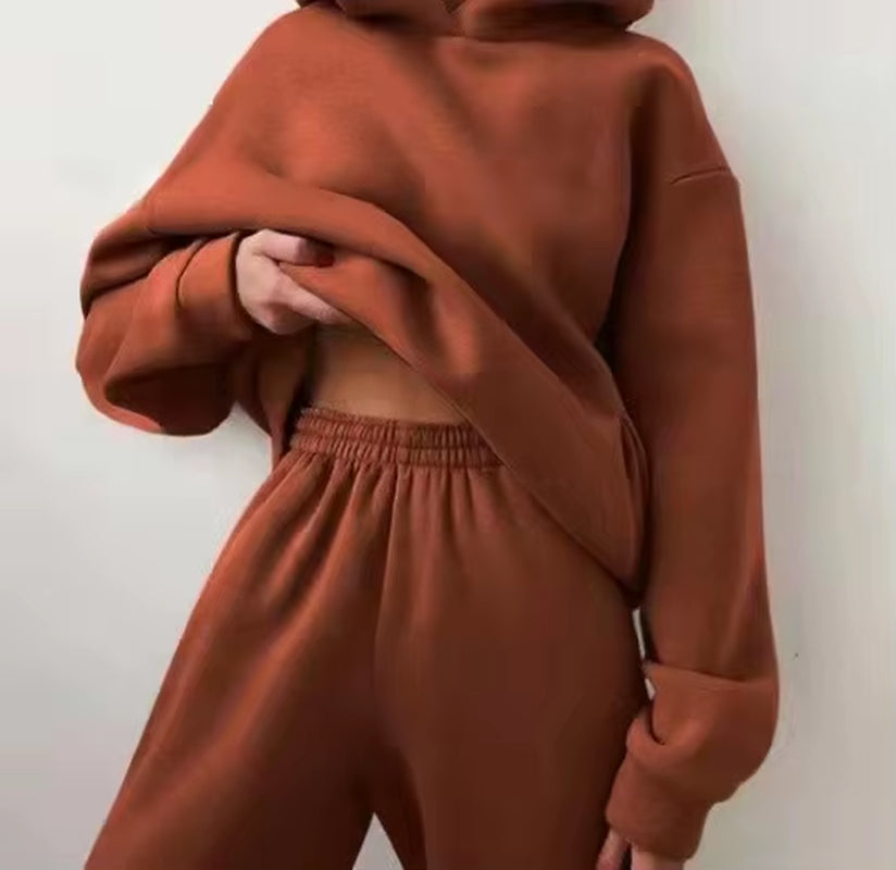 Women'S Tracksuit Casual Solid Long Sleeve Hooded Sport Suits Autumn Warm Hoodie Sweatshirts and Long Pant Fleece Two Piece Sets