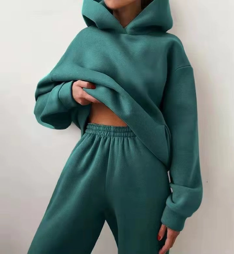 Women'S Tracksuit Casual Solid Long Sleeve Hooded Sport Suits Autumn Warm Hoodie Sweatshirts and Long Pant Fleece Two Piece Sets